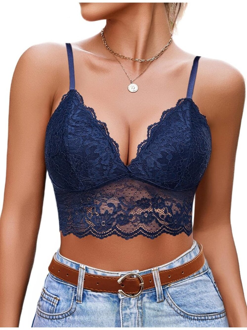 Women's Navy Longline Lace Bralette V Neck Spaghetti Strap Bustier Corset Top